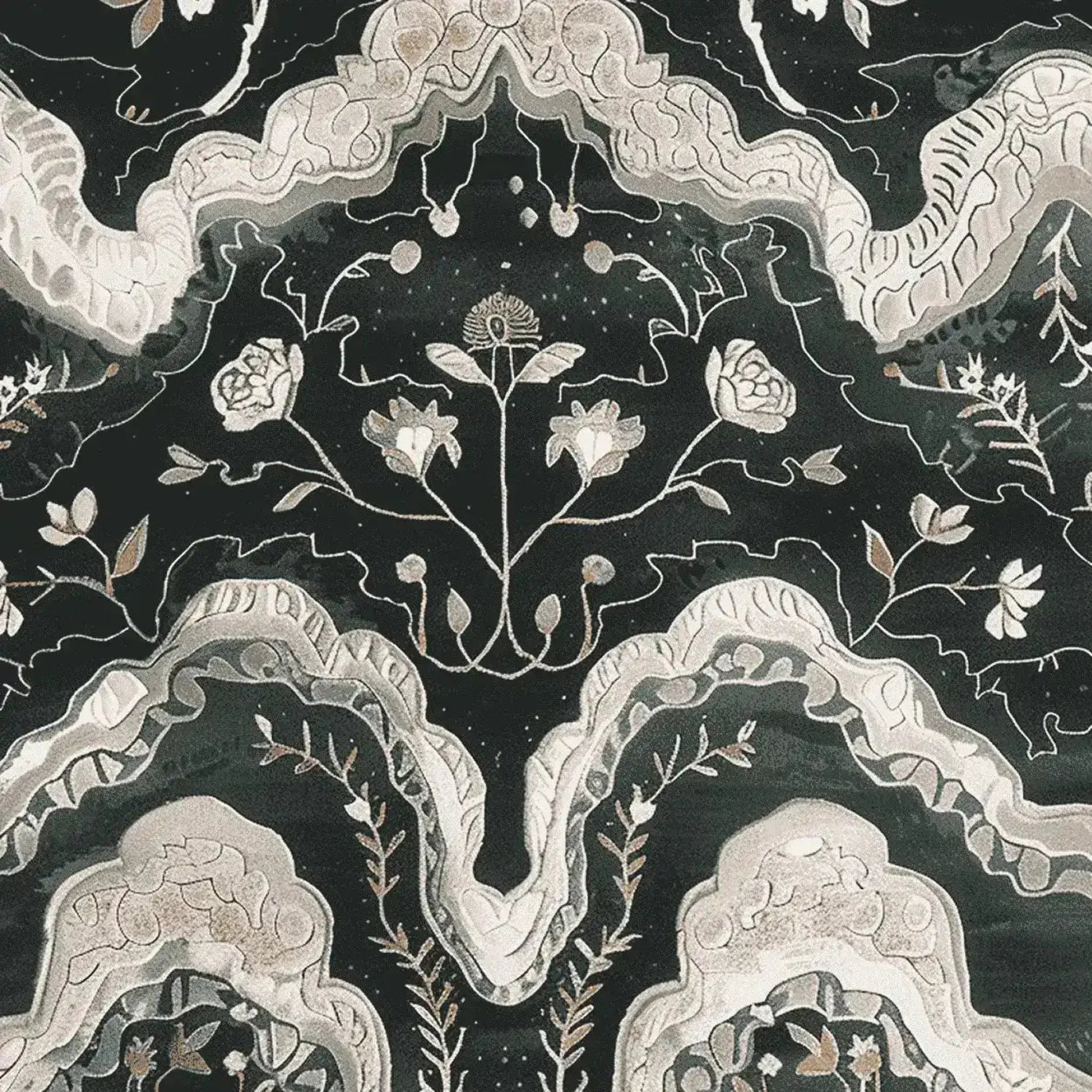 A close-up view of the Gilded Floral Current Hand Tufted Rug, showcasing intricate floral designs in a blend of elegant colors. This area rug, crafted from high-quality wool, is perfect for adding a touch of sophistication to living rooms. Ideal for those seeking an 8x10 wool rug, it beautifully complements modern home decor.