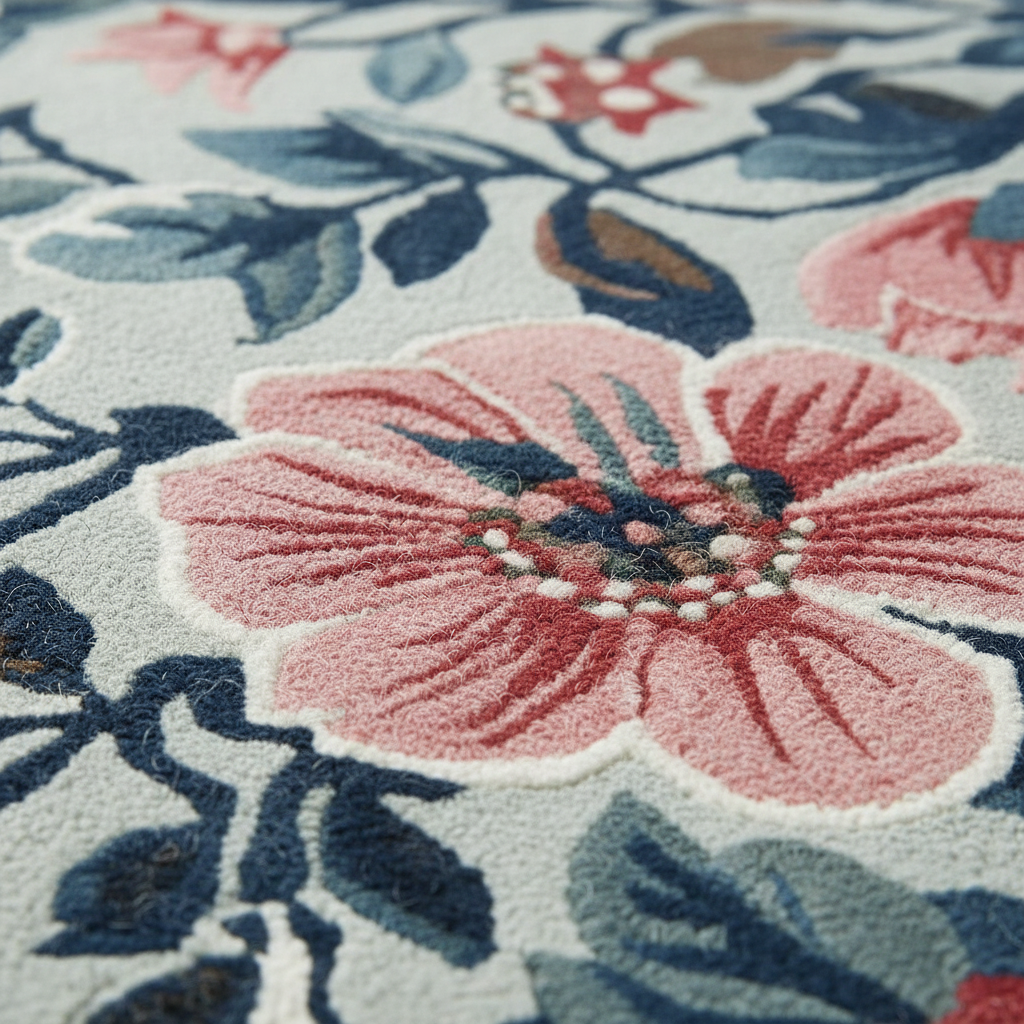 Close-up of a floral patterned rug with pink flowers and blue leaves.