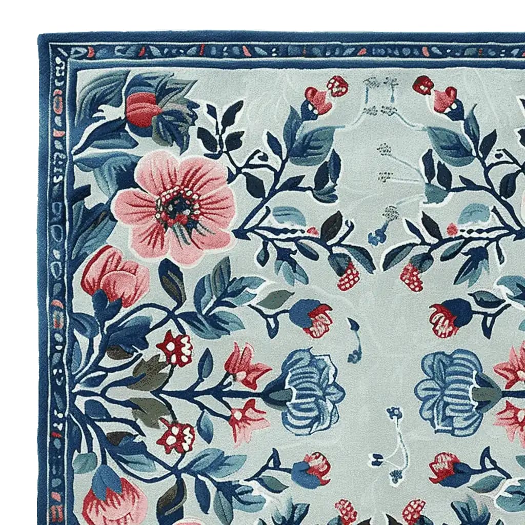 Close-up view of the Gilded Floral Prayer Hand Tufted Rug, showcasing intricate floral designs in vibrant blues, reds, and pinks. This square area rug is perfect for adding a touch of elegance to any living room. Crafted from high-quality wool, this large living room rug features a stylish floral pattern ideal for those seeking a decorative square rug.