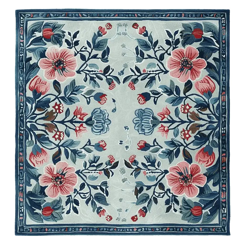 Beautiful Gilded Floral Prayer Hand Tufted Area Rug with intricate floral design featuring pink and blue flowers, perfect for adding elegance to any living room. This square area rug is made from high-quality wool, ideal for large living room spaces.