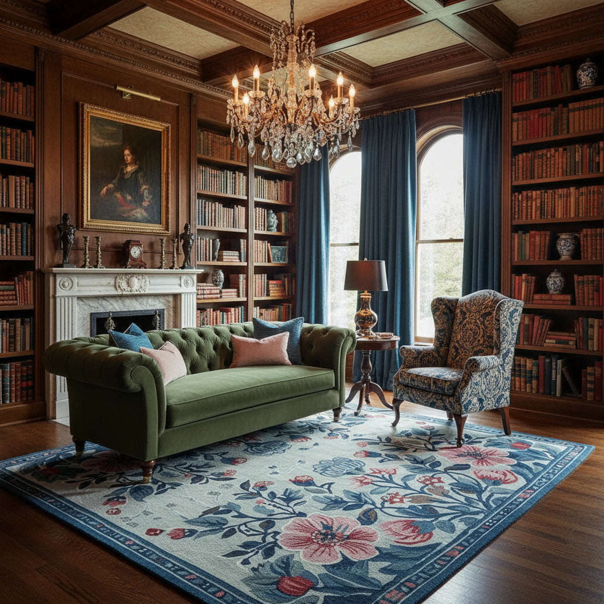 Luxurious living room with green sofa, patterned armchair, and bookshelves.