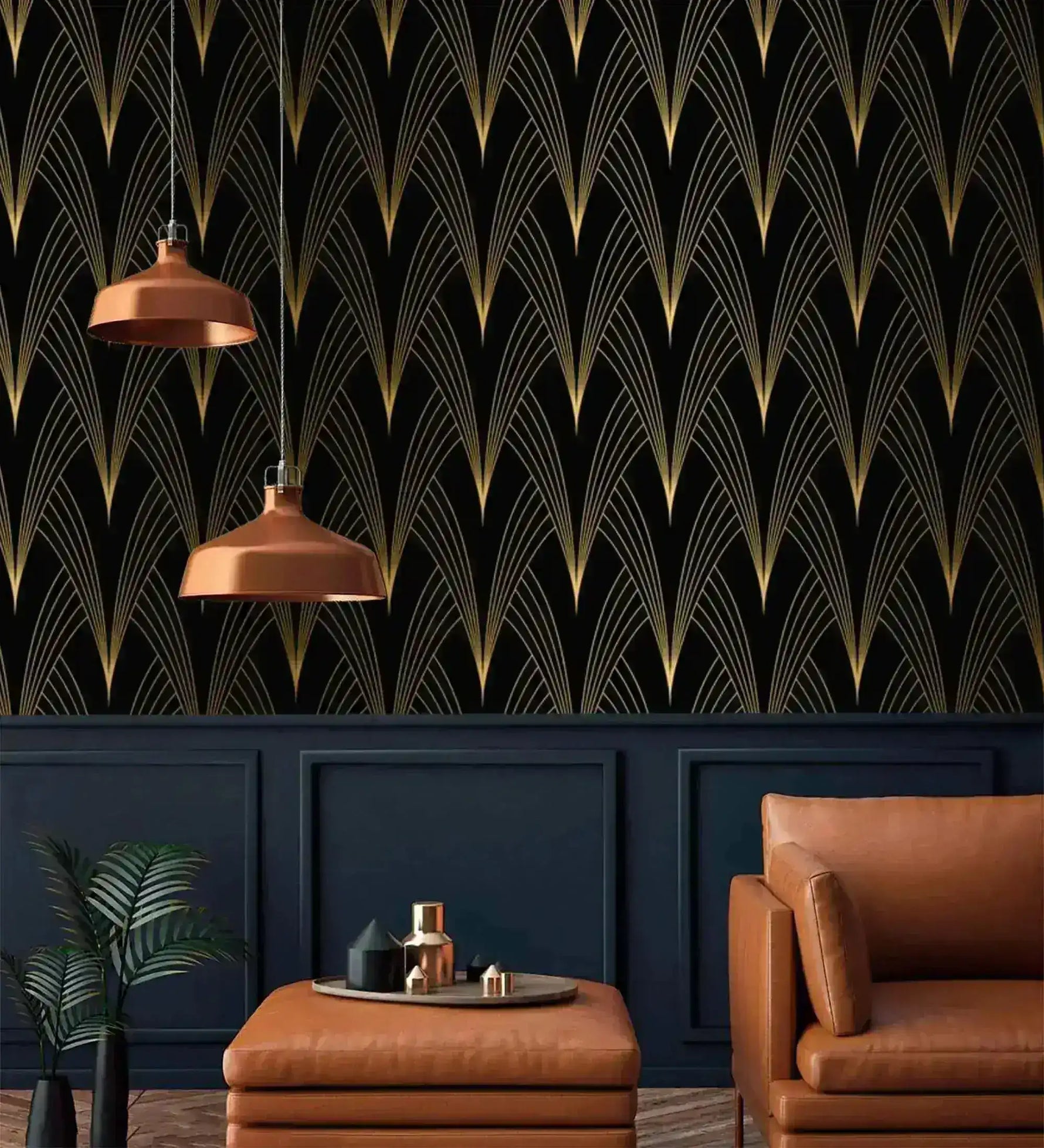 Gilded Grandeur wallpaper above navy paneling; copper pendants, tan leather armchair and ottoman, copper tray accessories