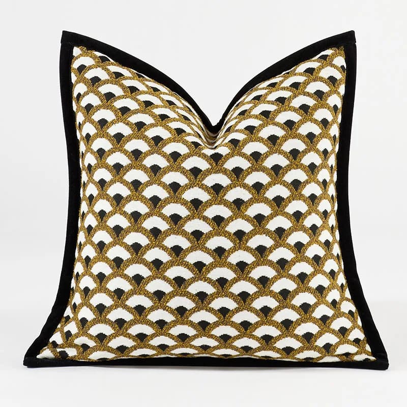 Gilded Grandeur throw pillow cover featuring a luxurious gold and black fan pattern, perfect for adding elegance to any home decor.
