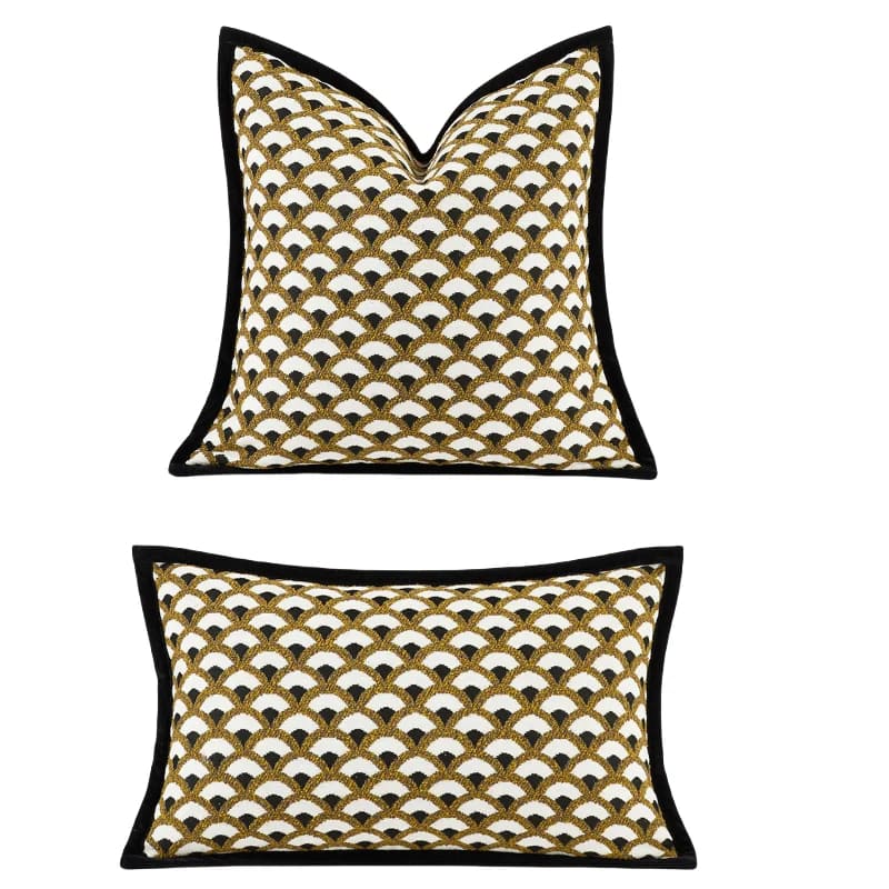 Gilded Grandeur throw pillow cover featuring a luxurious design with gold and black patterns, perfect for enhancing home decor.