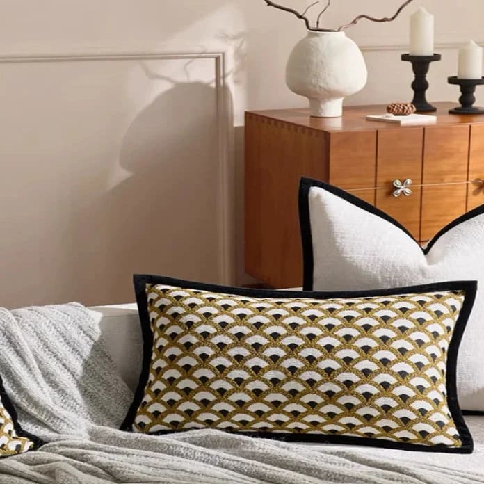 Gilded Grandeur throw pillow cover featuring a stylish fan pattern in gold, white, and black, perfect for enhancing your home decor.