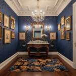 Luxurious bathroom with blue walls, ornate mirror, and chandelier.