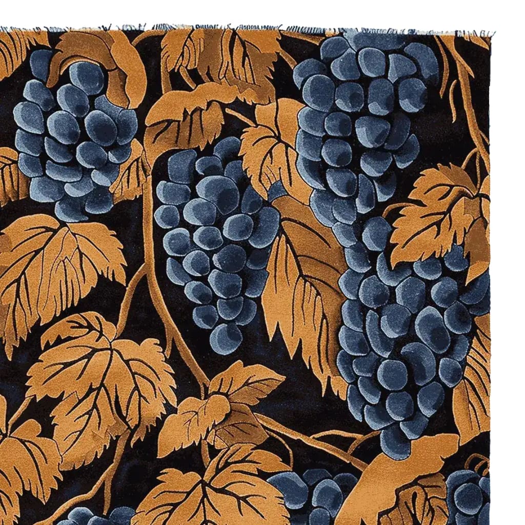 Close-up view of the Gilded Grapes Hand Tufted Rug, featuring a rich and detailed grapevine pattern in deep blues and warm golds. This luxurious area rug, made from high-quality wool, is perfect for adding a touch of vintage elegance to your living room. Sized ideally for living room rugs 8x10, this large wool rug blends classic design with modern comfort.