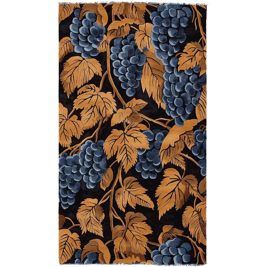 Elegant Gilded Grapes Hand Tufted Area Rug featuring a vintage design with lush blue grape clusters and rich golden leaves. This large living room wool rug in an 8x10 size adds a touch of sophistication with its intricate details, perfect for enhancing the beauty of any space.