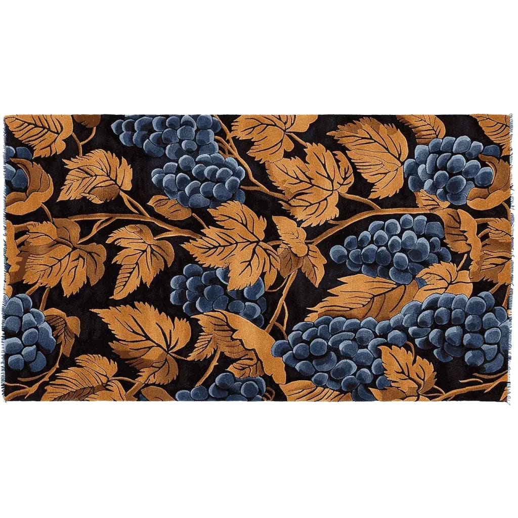 Gilded Grapes Hand Tufted Area Rug featuring a vintage design with detailed blue grapes and golden leaves on a dark background. This wool rug is perfect for large living rooms, offering an 8x10 size that enhances any space with its elegant and classic look.