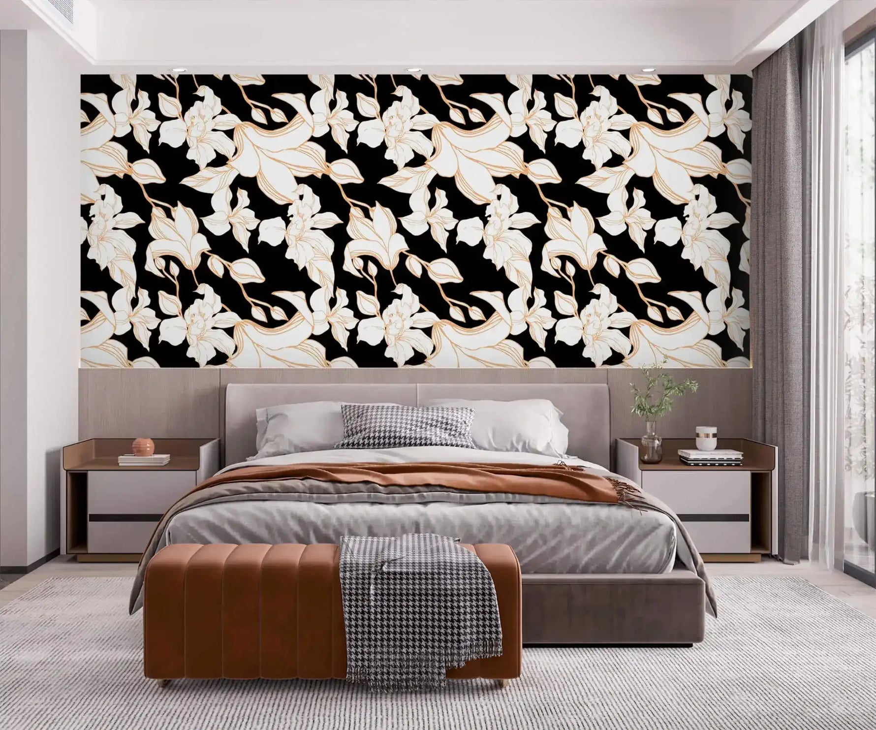 Gilded Petal wallpaper as headboard accent wall in modern bedroom; white gold-edged florals on black background