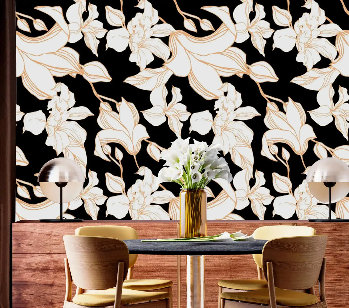 Gilded Petal wallpaper behind dark dining table with yellow chairs and gold vases; white gold-lined petals on black
