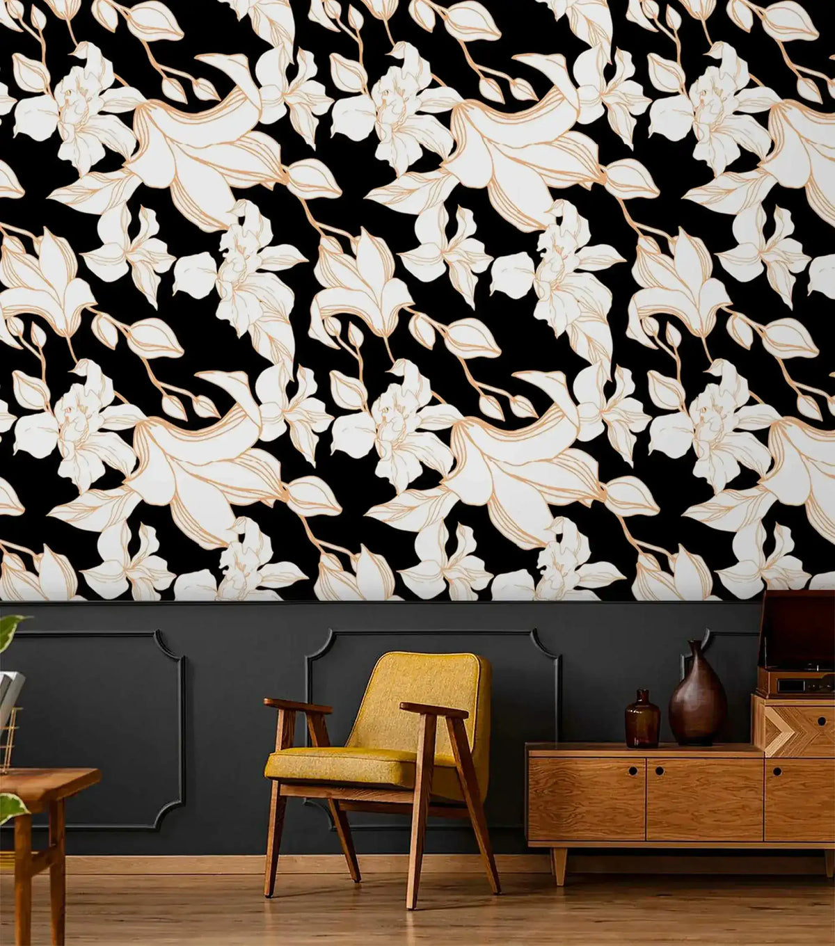 Gilded Petal wallpaper close-up, white blooms with gold outlines on black background, shown above living room setting