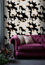 Gilded Petal wallpaper in dining room, dark black background with white blooms and green botanical branches