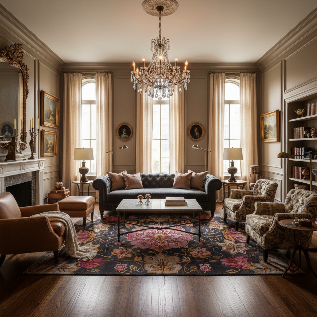 Luxurious living room with a chandelier, a traditional wool rug, sofa, and armchairs.