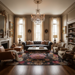 Luxurious living room with a chandelier, a traditional wool rug, sofa, and armchairs.