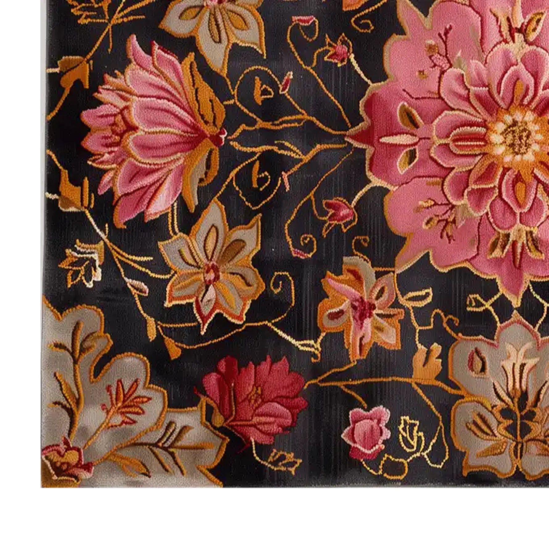 A vibrant Gilded Rose hand tufted wool rug featuring an intricate floral design in shades of pink, gold, and cream on a dark background. Perfect as a large living room rug, this area rug adds elegance to any space.