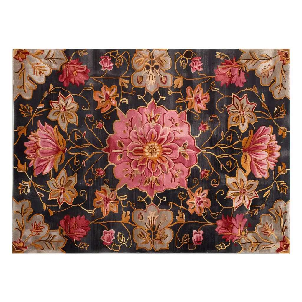 Elevate your living space with this stunning Gilded Rose Hand Tufted Wool Rug. The area rug features a vibrant floral design with intricate pink, gold, and ivory patterns set against a dark background, making it perfect for large living rooms. This wool rug adds a touch of elegance and warmth, ideal for those seeking area rugs for living room decor.