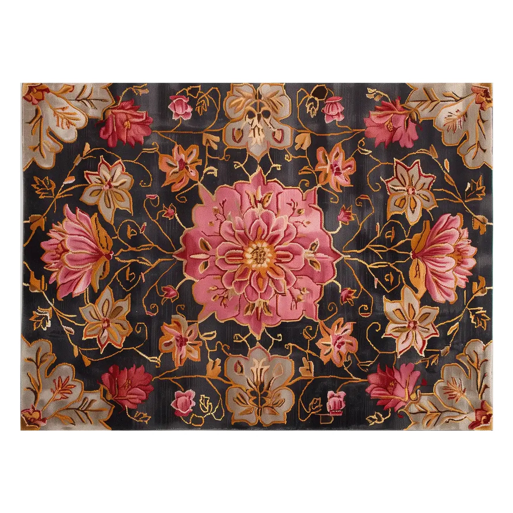 Elevate your living space with this stunning Gilded Rose Hand Tufted Wool Rug. The area rug features a vibrant floral design with intricate pink, gold, and ivory patterns set against a dark background, making it perfect for large living rooms. This wool rug adds a touch of elegance and warmth, ideal for those seeking area rugs for living room decor.