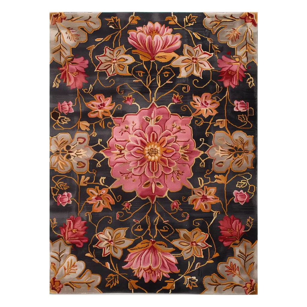 A vibrant Gilded Rose Hand Tufted Wool Rug showcasing intricate floral patterns in pink and gold tones against a dark background. This area rug is perfect for adding elegance to large living rooms, offering both style and comfort as a wool rug.