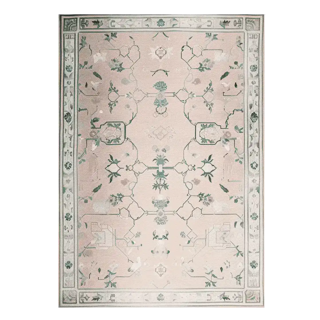 Top view of the Gilded Serenity Hand Tufted Area Rug, a vintage-style wool rug perfect for living rooms. The elegant design features intricate patterns in muted tones, adding a touch of sophistication and warmth to any space.