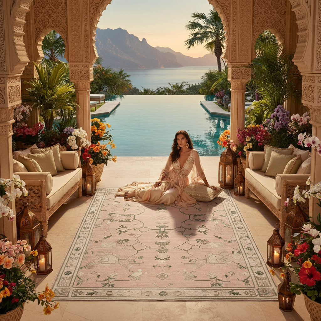 Woman sitting on a decorative rug in an ornate outdoor setting with flowers and lanterns, pool, and mountains in the background.