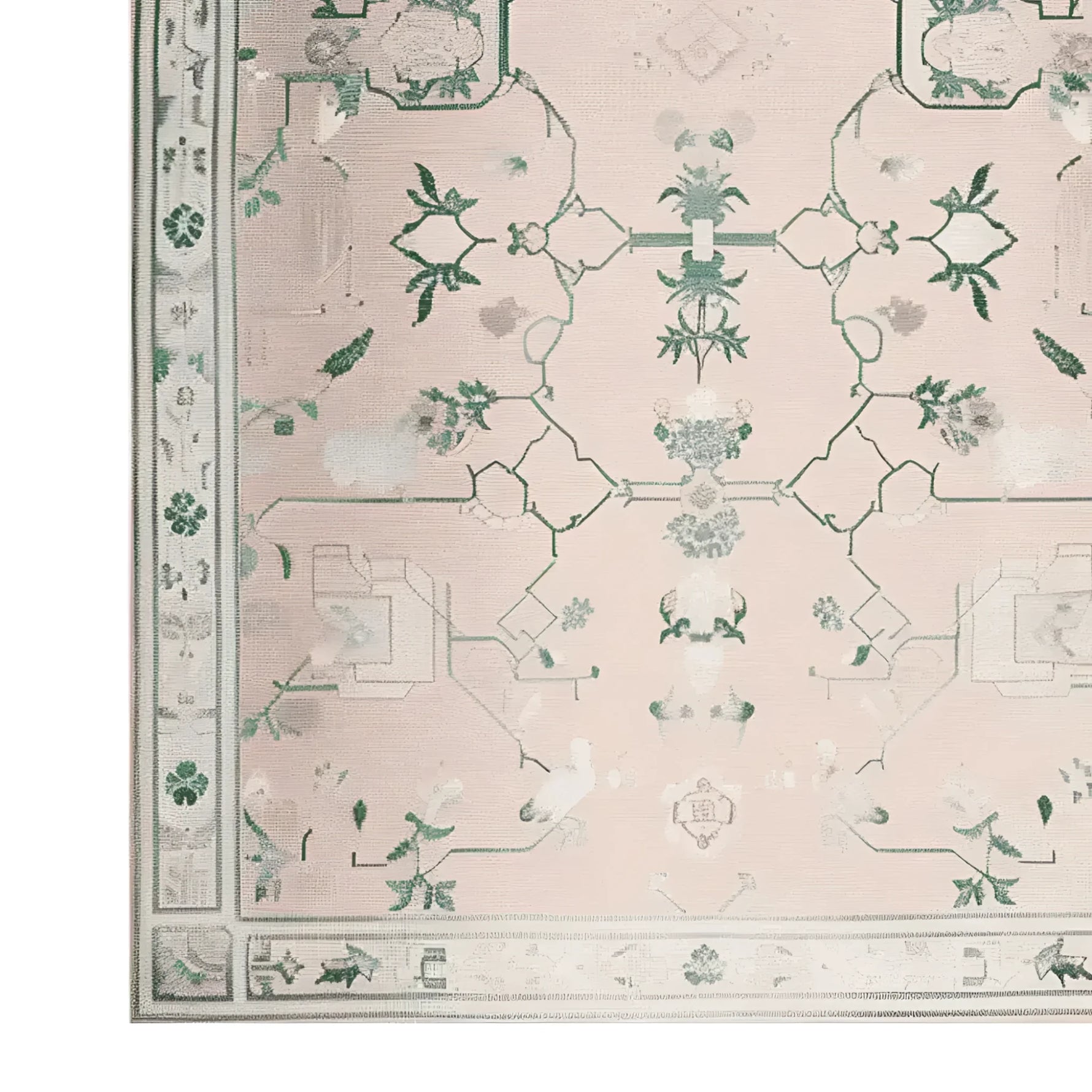 This image showcases the Gilded Serenity Hand Tufted Area Rug, an exquisite wool rug perfect for adding a touch of elegance to any living room. The vintage rug features a delicate floral pattern in soft, muted tones, offering a timeless and sophisticated look.