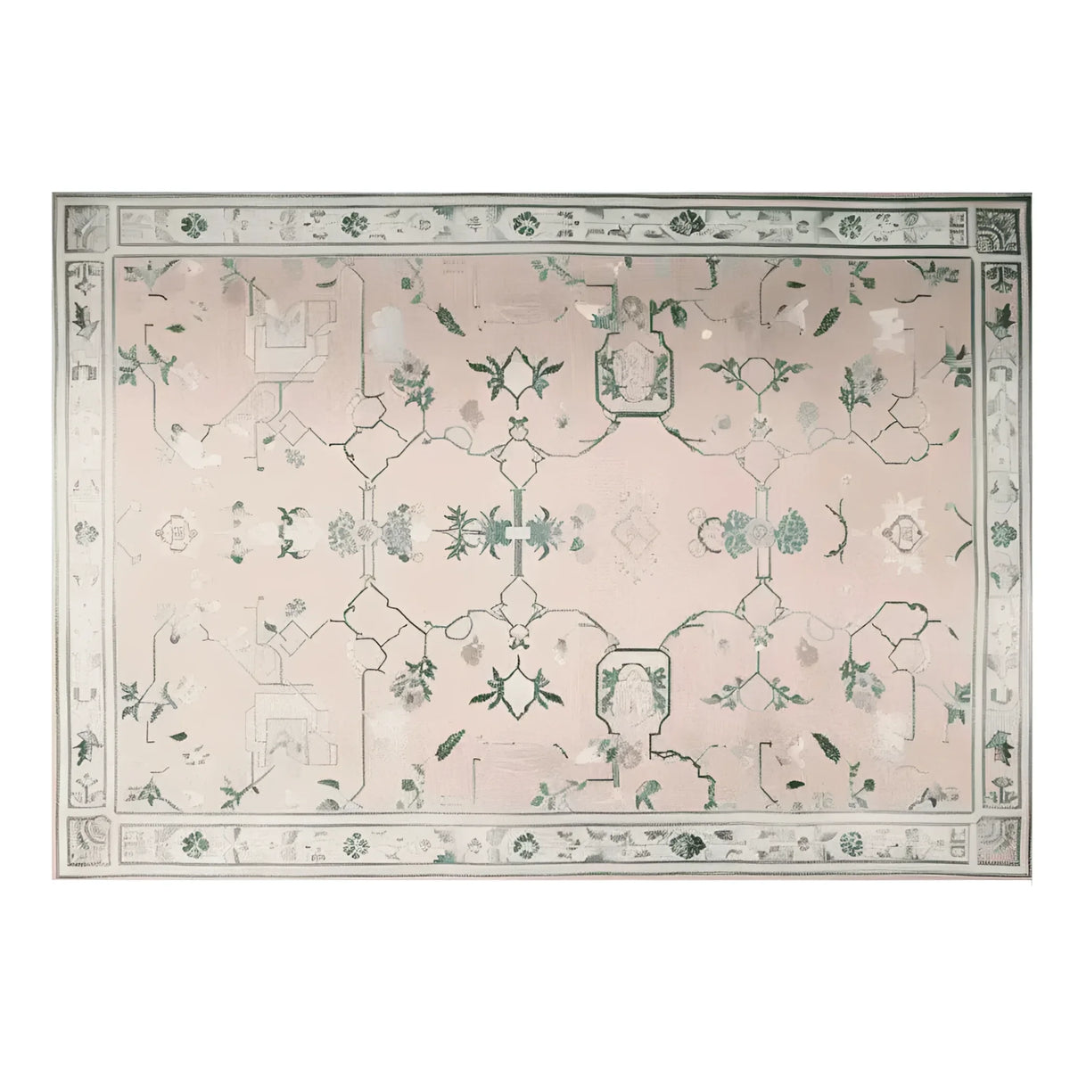 Top view of the Gilded Serenity Hand Tufted Area Rug showcasing an intricate vintage design with floral patterns, ideal for adding elegance to a living room. This wool rug features a harmonious blend of soft colors and detailed craftsmanship.