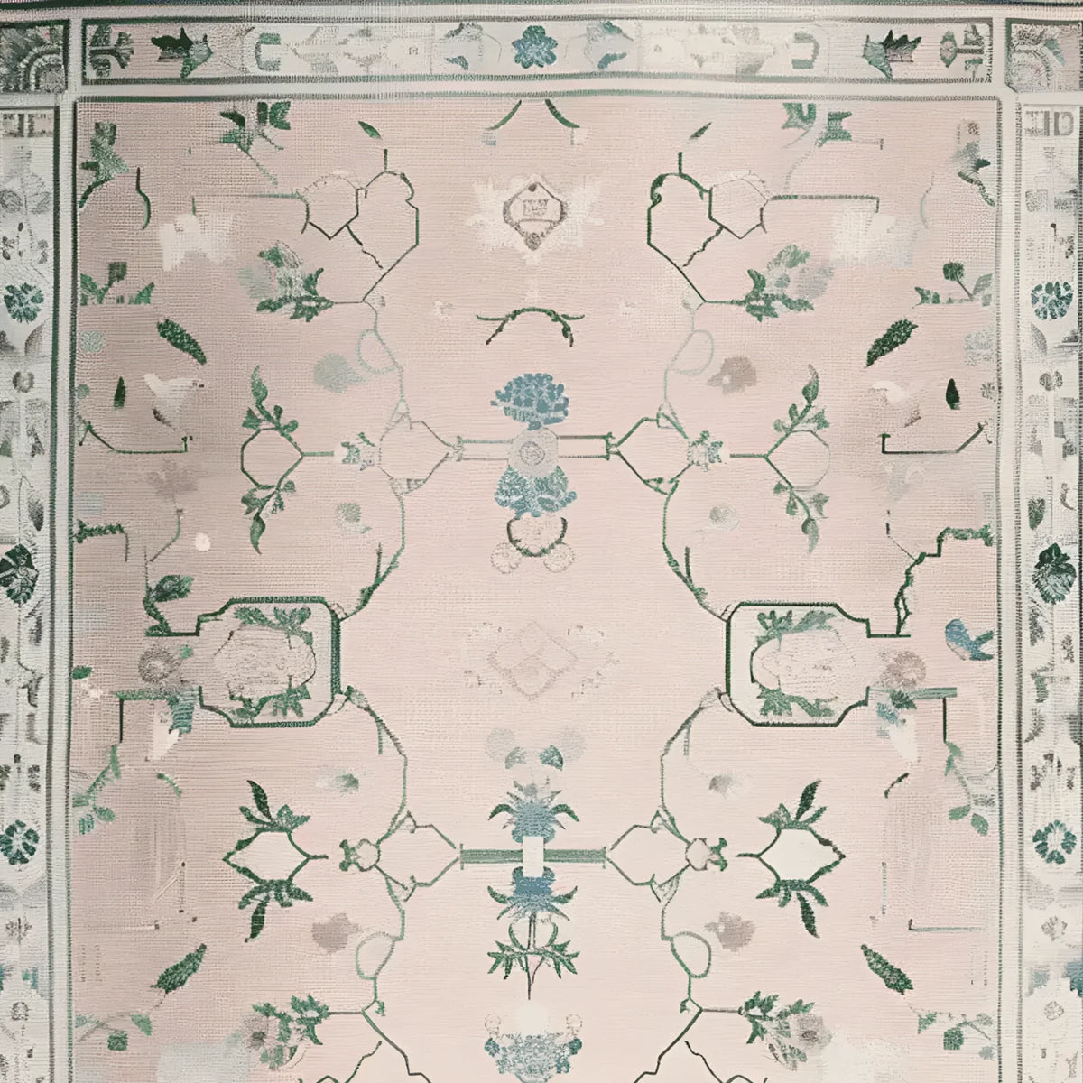 Gilded Serenity Hand Tufted Area Rug featuring an intricate vintage design with floral patterns in soft pink and green hues. This elegant wool rug is perfect for adding a touch of sophistication to any living room.