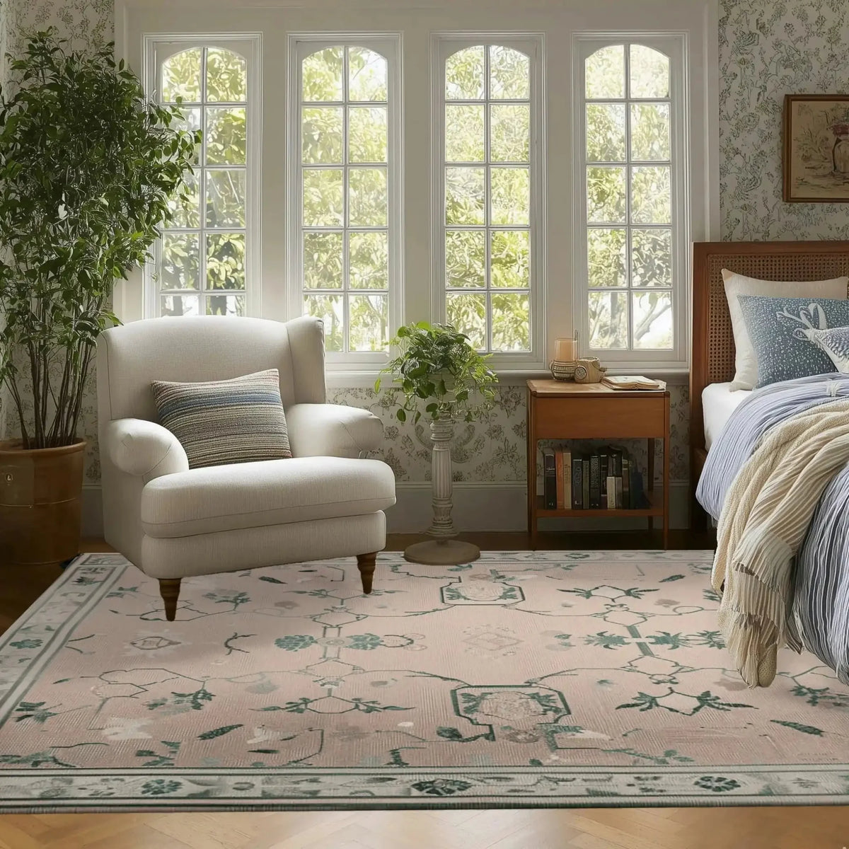 A beautifully styled living room featuring the Gilded Serenity Hand Tufted Area Rug. This wool rug, with its vintage design, complements the neutral tones of the room. The rug's intricate patterns add elegance, making it perfect for any living room setting.