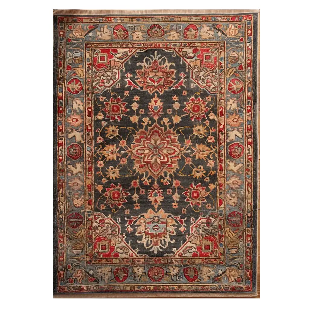 A beautifully crafted area rug featuring a rich, intricate design with vibrant reds, golds, and blues. This wool rug is perfect for adding elegance to large living rooms, with its detailed patterns and classic appeal.