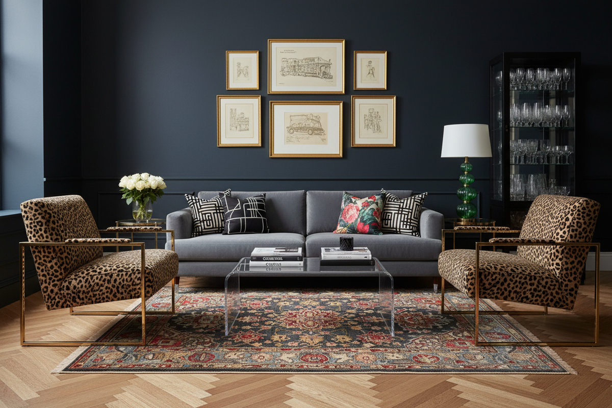 Living room with dark blue walls, gray sofa, and patterned rug.
