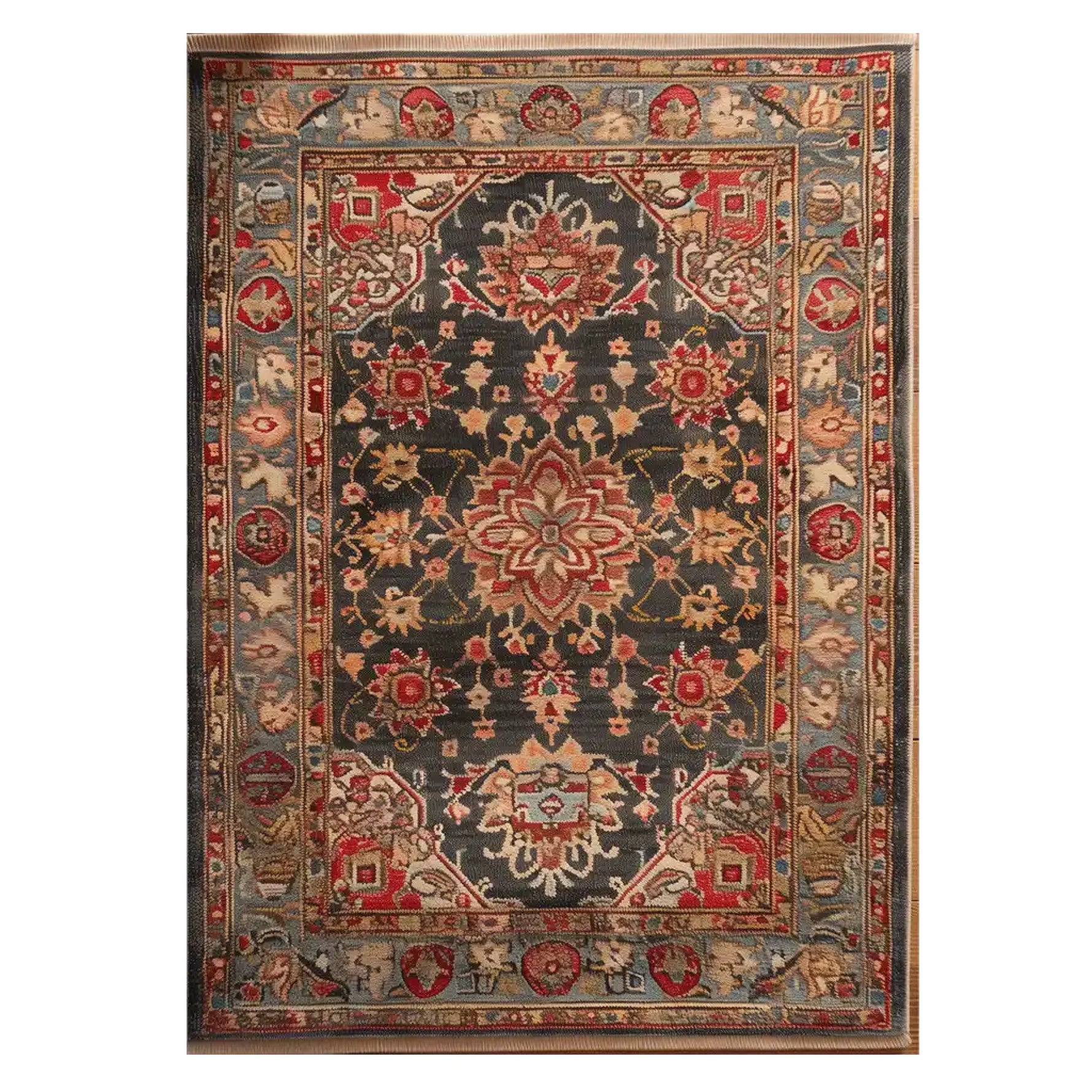 A beautifully crafted area rug featuring a rich, intricate design with vibrant reds, golds, and blues. This wool rug is perfect for adding elegance to large living rooms, with its detailed patterns and classic appeal.