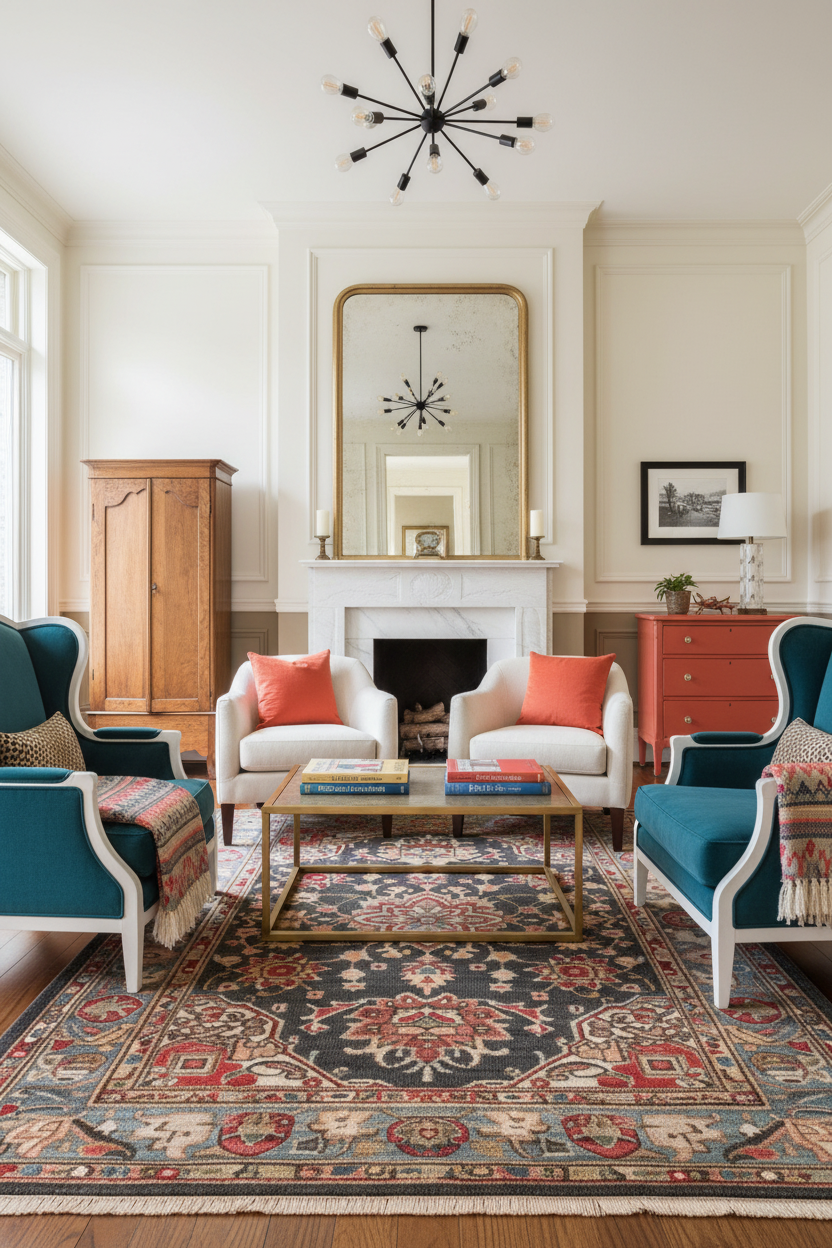 Living room with blue and white chairs, orange cushions, and a decorative rug.
