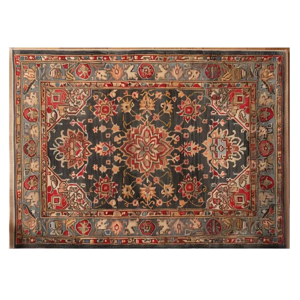Elegant area rug featuring intricate floral patterns in rich red and beige hues against a dark backdrop. This wool rug adds a touch of sophistication, perfect for large living room spaces.