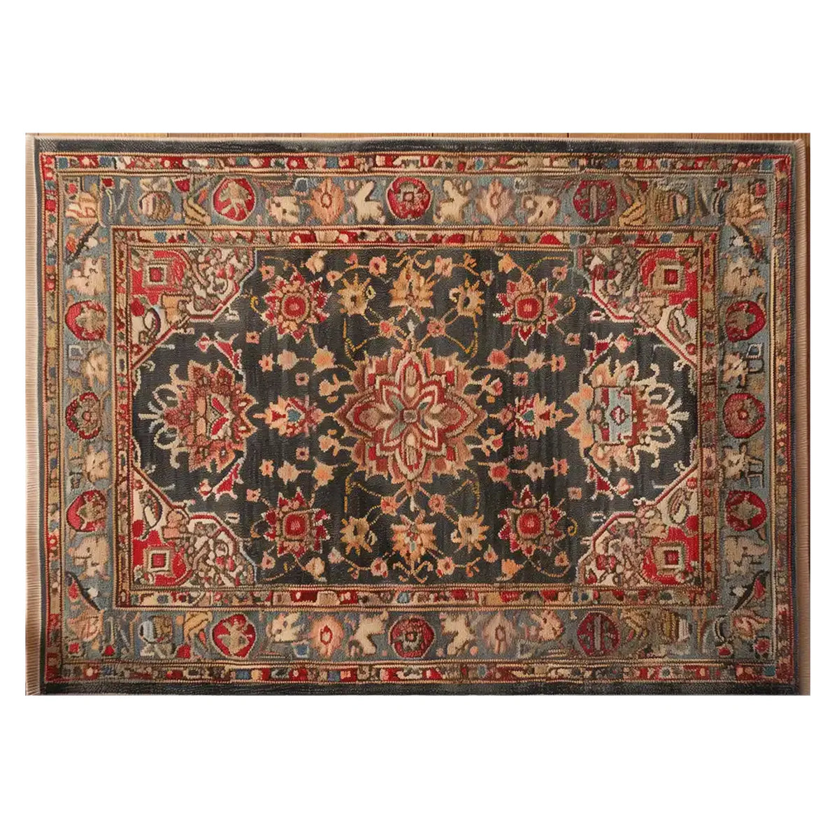 Elegant area rug featuring intricate floral patterns in rich red and beige hues against a dark backdrop. This wool rug adds a touch of sophistication, perfect for large living room spaces.