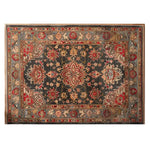 Elegant area rug featuring intricate floral patterns in rich red and beige hues against a dark backdrop. This wool rug adds a touch of sophistication, perfect for large living room spaces.