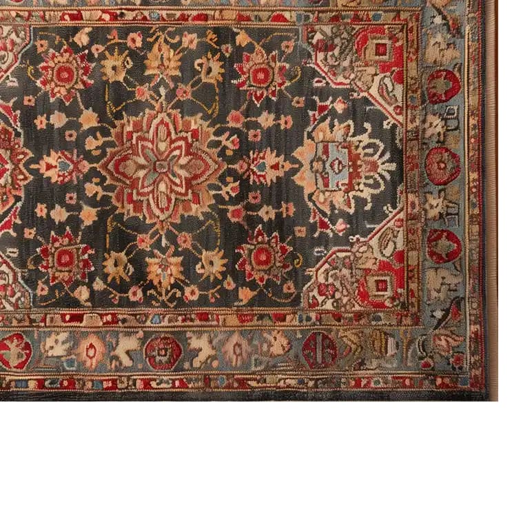 A beautifully crafted area rug featuring intricate floral patterns in warm tones, perfect for adding elegance to large living rooms. This wool rug showcases a detailed design with rich reds, soft blues, and earthy beige, enhancing the coziness and style of any space.