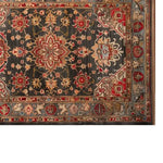 A beautifully crafted area rug featuring intricate floral patterns in warm tones, perfect for adding elegance to large living rooms. This wool rug showcases a detailed design with rich reds, soft blues, and earthy beige, enhancing the coziness and style of any space.