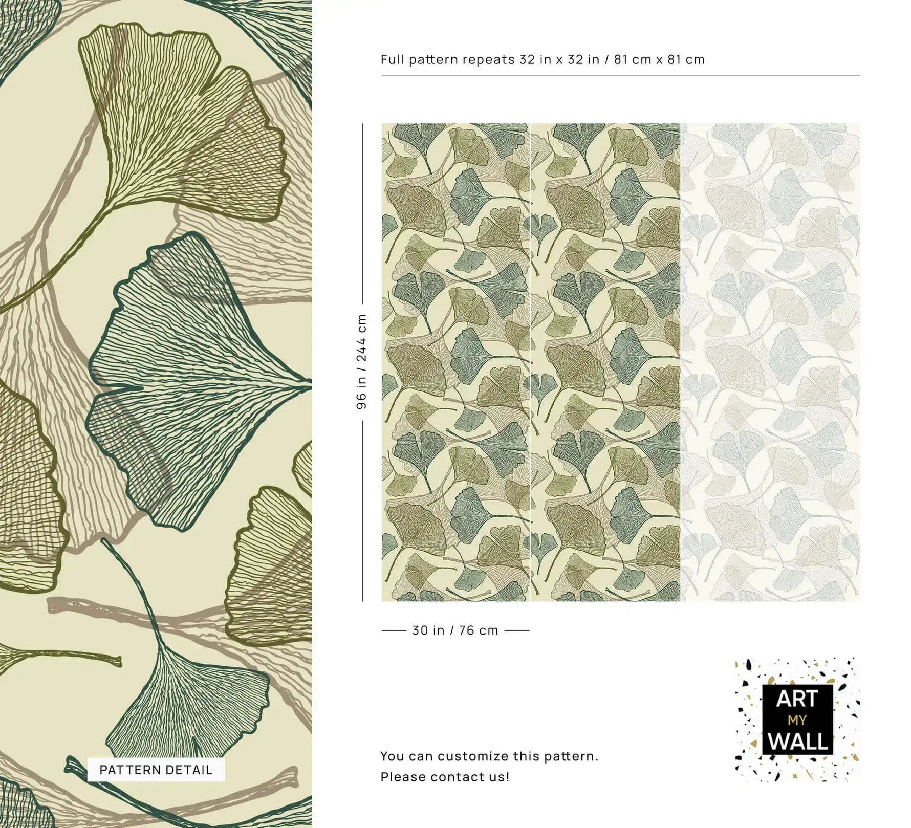 Ginkgo leaf wallpaper detail and size guide showing pattern repeat dimensions
