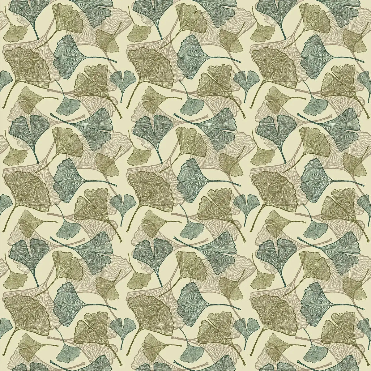 Ginkgo leaf wallpaper swatch in sage, olive and teal on cream, full pattern repeat