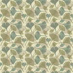 Ginkgo leaf wallpaper swatch in sage, olive and teal on cream, full pattern repeat