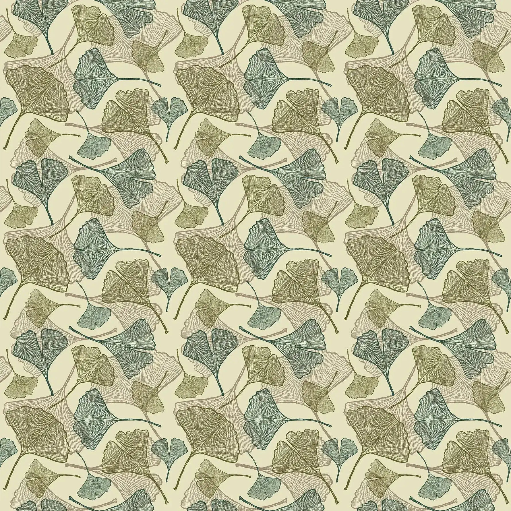 Ginkgo leaf wallpaper swatch in sage, olive and teal on cream, full pattern repeat