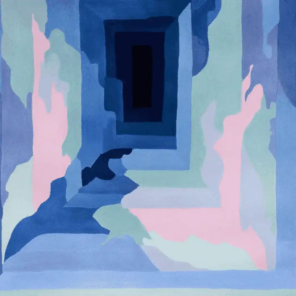 A contemporary area rug titled 'Glacial Mirage Echo Hand Tufted Rug', featuring an abstract design with shades of blue, pink, and green. This wool rug is perfect for adding a modern touch to living room spaces, especially in an 8x10 size.