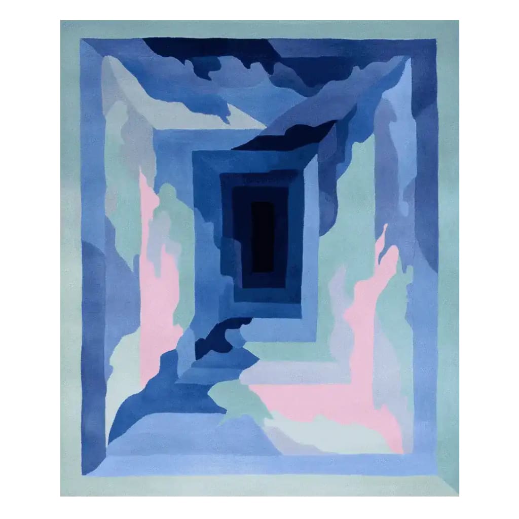 A stunning Glacial Mirage Echo Hand Tufted Area Rug featuring an abstract design in soothing shades of blue and pink. Perfect for adding a contemporary touch to your living room, this 8x10 wool rug combines artistic flair with cozy comfort, making it an ideal choice for modern rugs for living rooms.