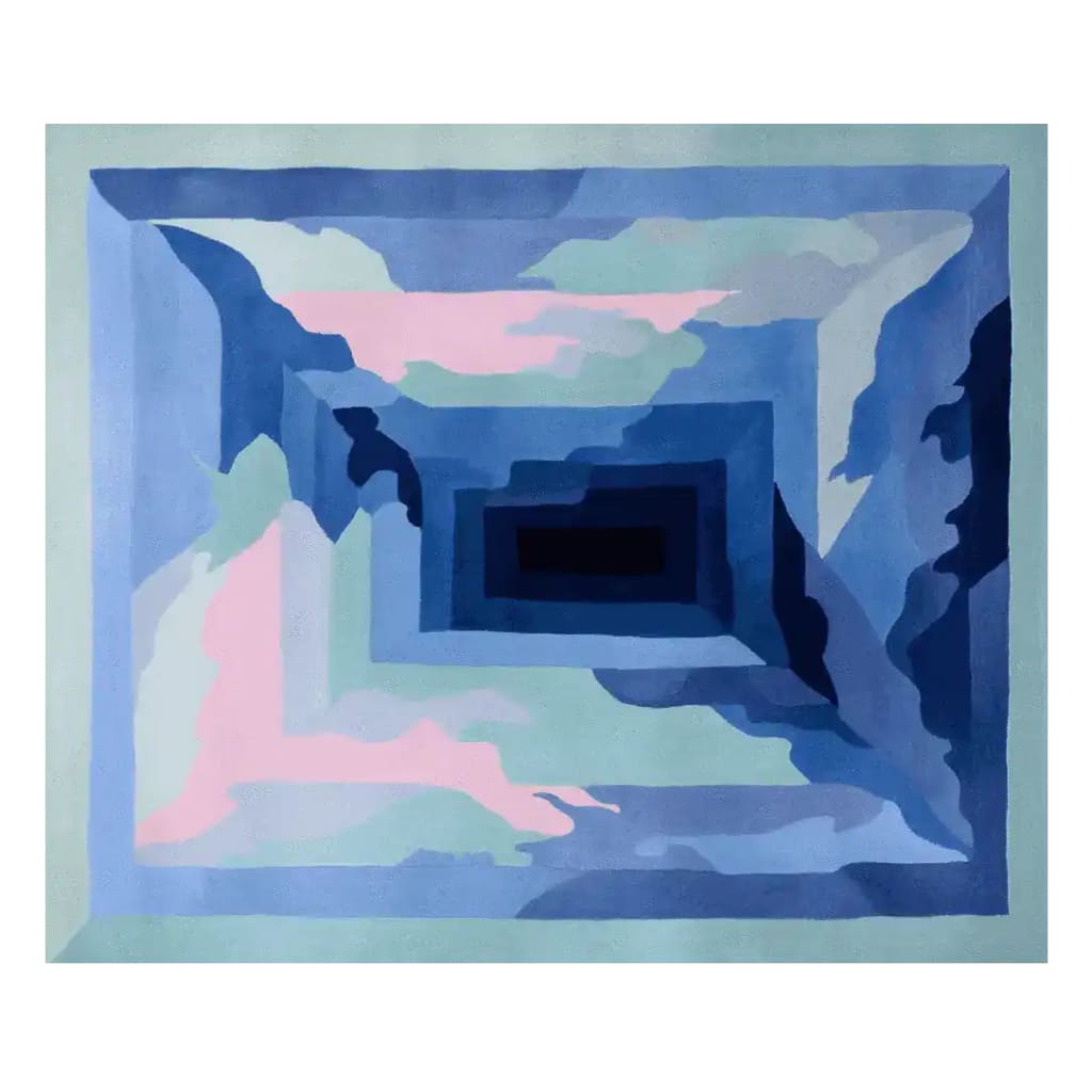 Top view of the Glacial Mirage Echo Hand Tufted Area Rug, showcasing its contemporary design with abstract blue and pink patterns. This wool rug is ideal for modern living rooms, perfectly sized at 8x10, adding a touch of elegance to any space.