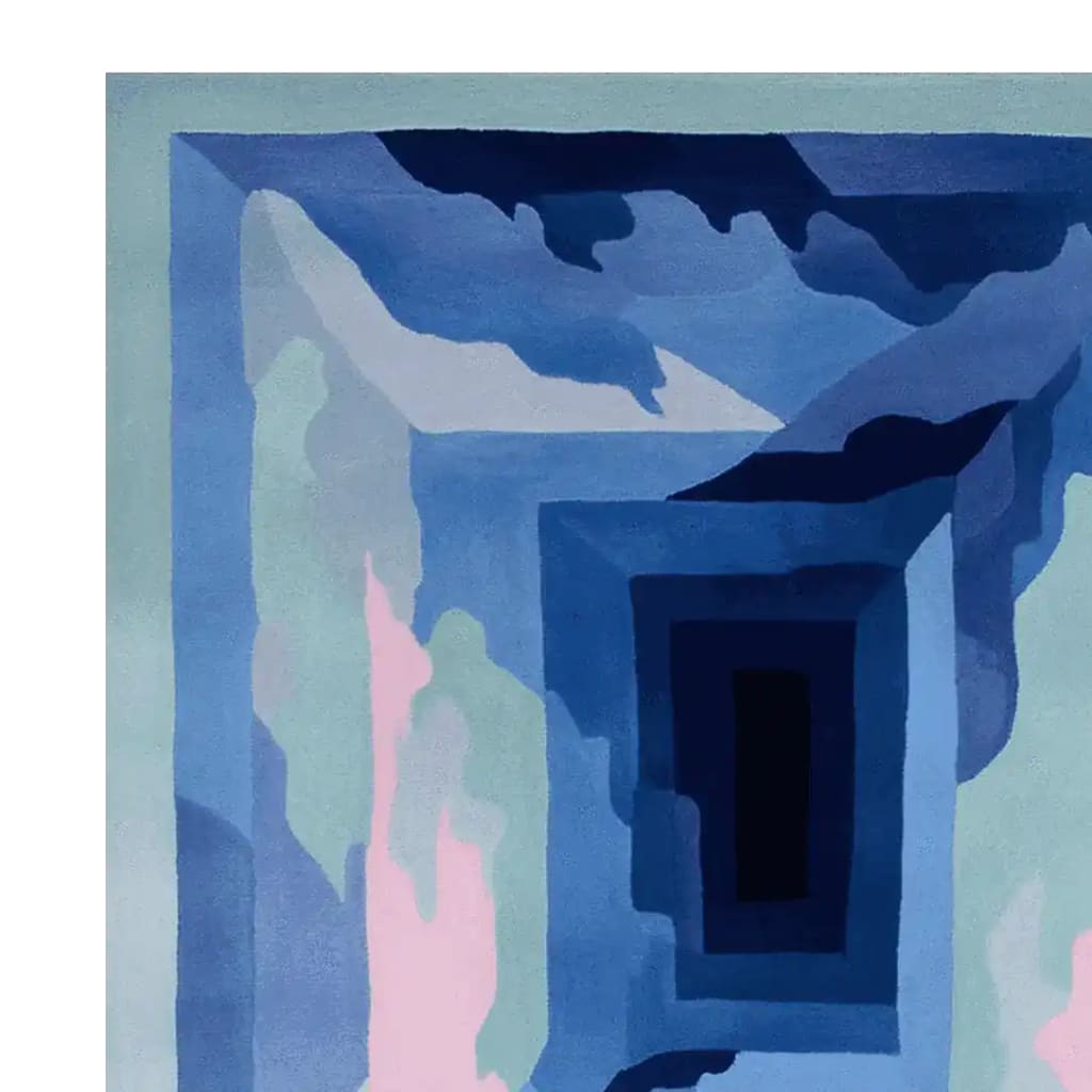 Modern area rug with abstract design in shades of blue, pink, and green, showcasing a contemporary pattern ideal for living room décor. This wool rug measures 8x10, providing a stylish and artistic touch to any space.