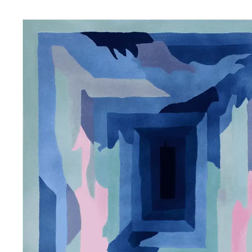 A vibrant Glacier Pulse Frame Hand Tufted Area Rug showcasing an abstract design in shades of blue, pink, and green. This wool rug features a contemporary look, perfect for large living rooms. Ideal for adding a modern touch to any space, it's one of the best area rugs for living room decor.