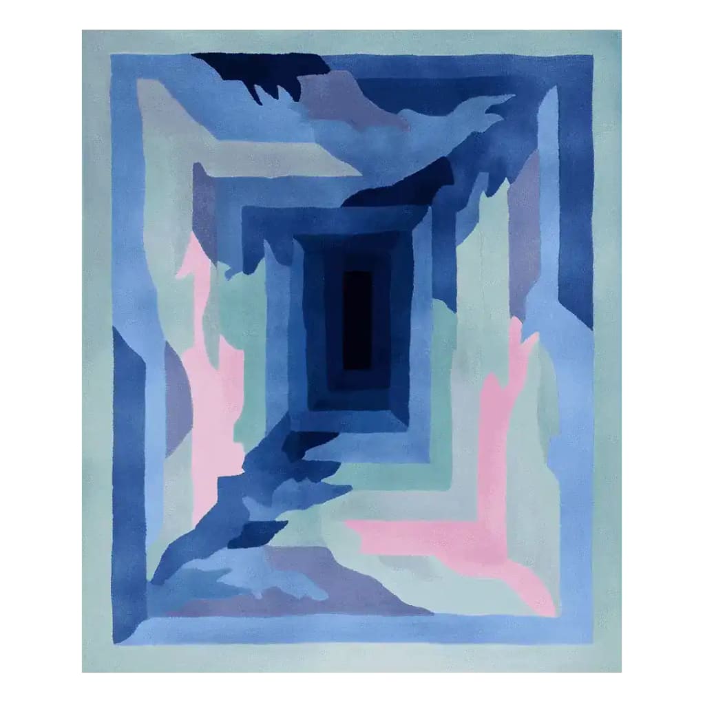 A captivating Glacier Pulse Frame Hand Tufted Area Rug featuring an abstract design with layers of blue, pink, and green hues. This wool rug is perfect for adding a contemporary touch to large living room spaces, making it an ideal choice for area rugs for the living room.