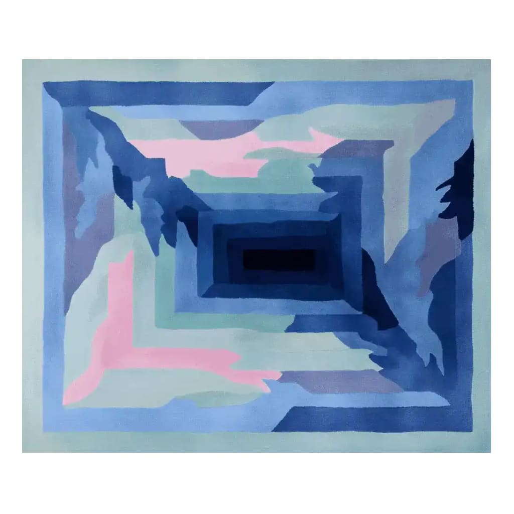 Top view of the Glacier Pulse Frame Hand Tufted Rug, a stunning area rug featuring an abstract design in shades of blue, pink, and light green. This wool rug is perfect for large living rooms, adding a contemporary touch to any space with its bold, artistic pattern.