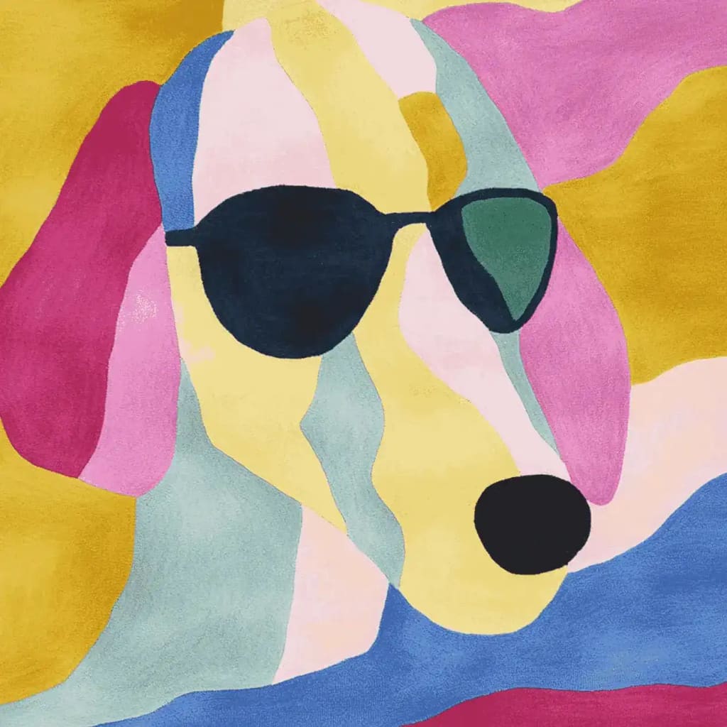 Vibrant and colorful Glam Pup Mood Hand Tufted Area Rug featuring a playful dog design with sunglasses in bold hues of pink, yellow, and blue. This wool rug adds a contemporary touch to any living room space.